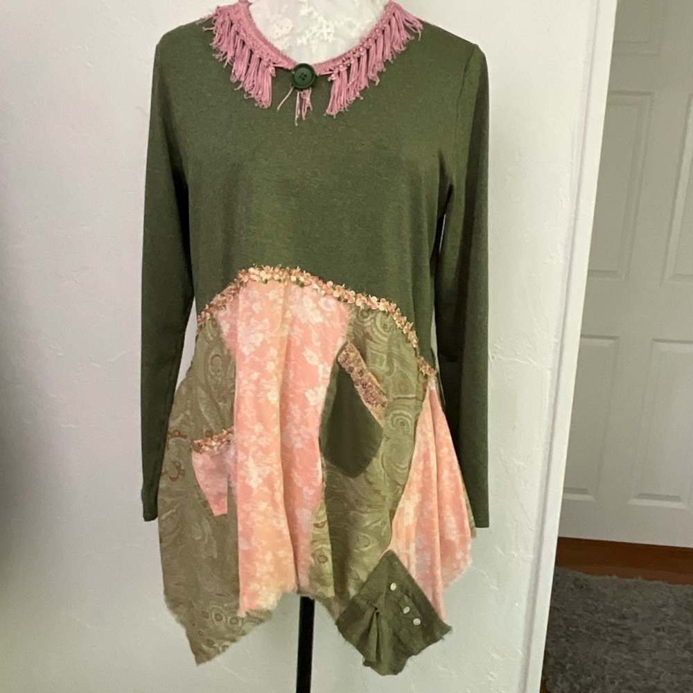 Mixed Media Patchwork Boho Tunic Top or Dress Olive Green Pink Floral Large
